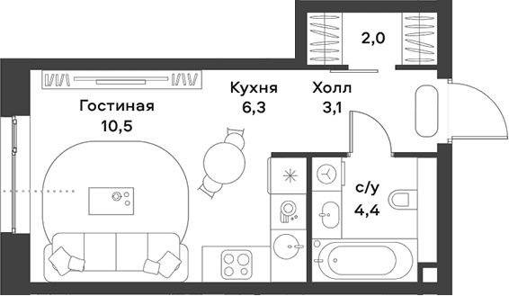 Планировка «Студия» в ЖК «АЛИА»