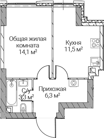 Планировка «1-комнатная» в ЖК «СЕЗАР СИЛИКА»