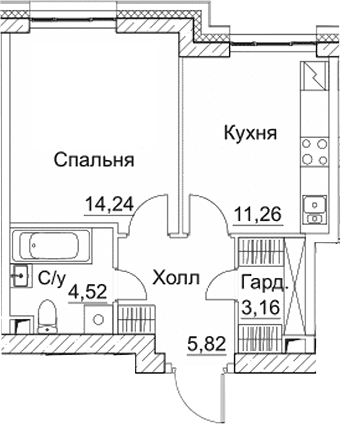 Планировка «1-комнатная» в ЖК «СЕЗАР СИТИ»