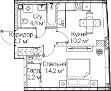 Планировка «1-комнатная» в ЖК «СЕЗАР БУДУЩЕЕ»