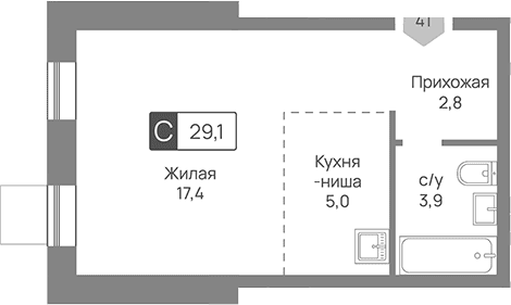 Планировка «Студия» в ЖК «Отрада 3»