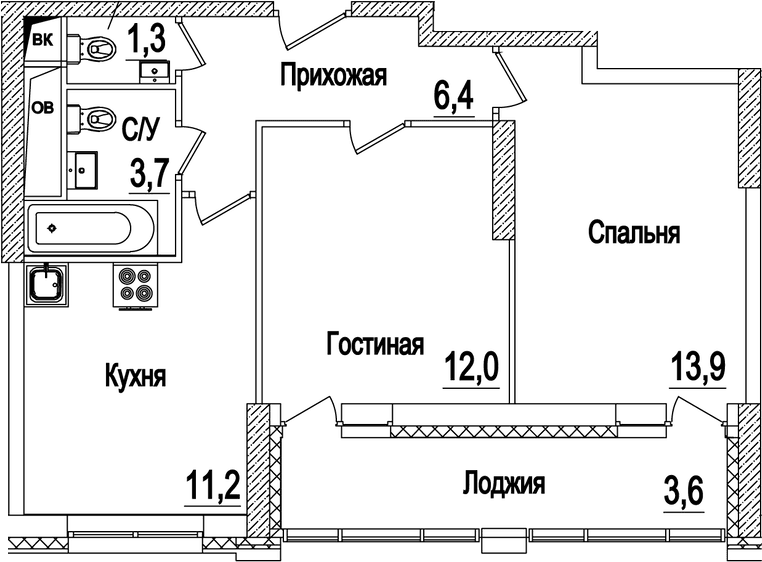 Планировка «2-комнатная» в ЖК «Рассказово»