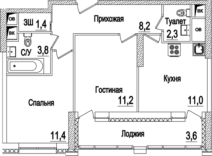 Планировка «2-комнатная» в ЖК «Рассказово»