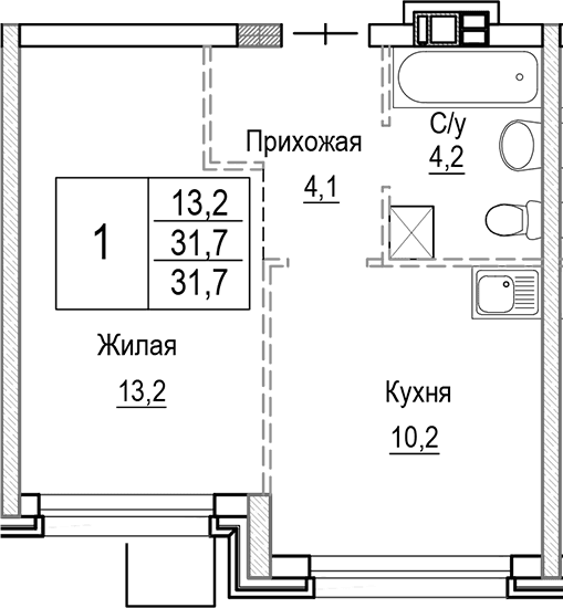 Планировка «1-комнатная» в ЖК «Лесная Отрада»