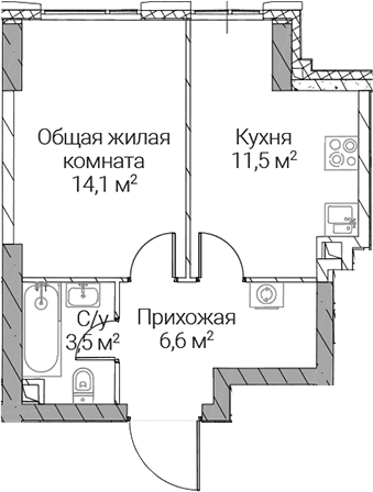 Планировка «1-комнатная» в ЖК «СЕЗАР СИЛИКА»