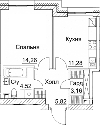 Планировка «1-комнатная» в ЖК «СЕЗАР СИТИ»