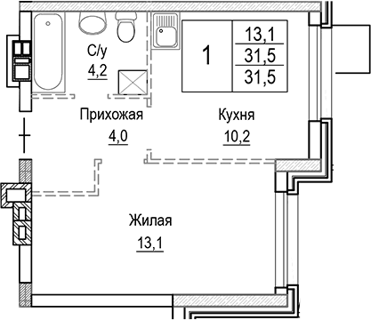 Планировка «1-комнатная» в ЖК «Лесная Отрада»