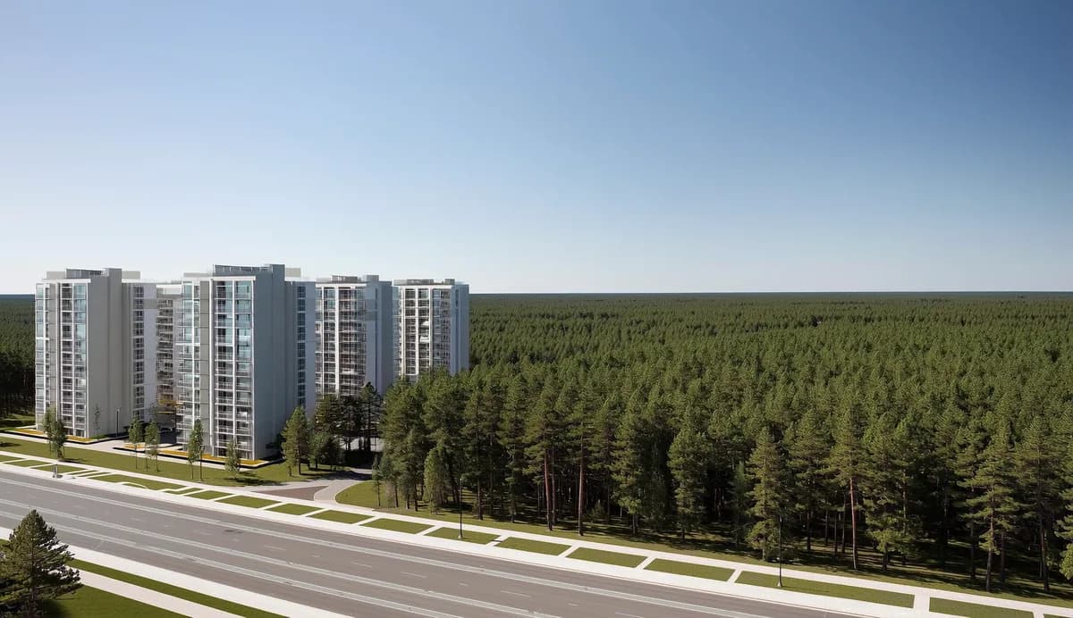 Корпуса новостройки в Троицке на фоне соснового леса